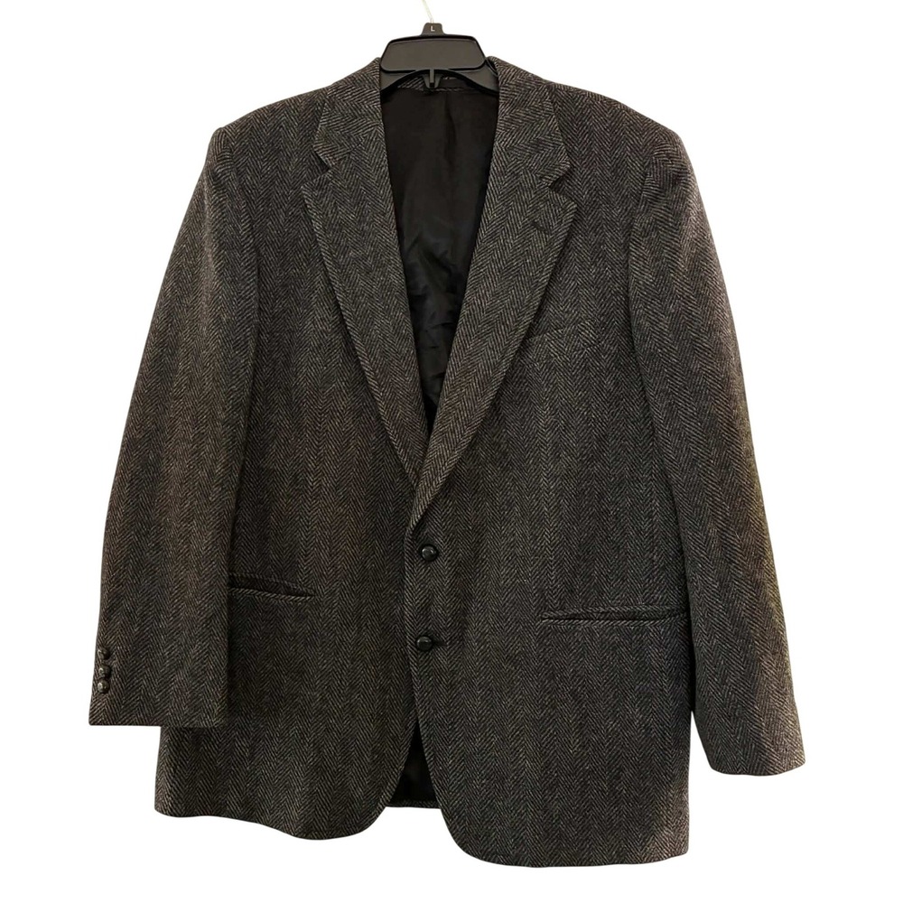 Towncraft Pure Wool Herringbone Blazer Mens 48R Gray Two Button Sport Coat